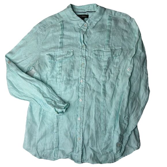 Tommy Bahama XS Women’s Linen Roll Tab Button Up Long Sleeve Light Blue Green - Picture 1 of 4